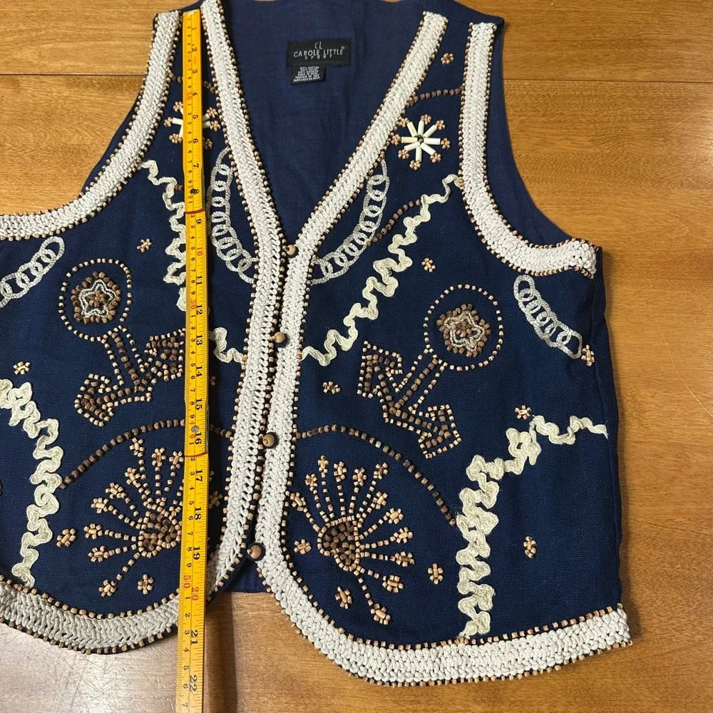 Vintage Nautical Beaded Vest Womens L Navy Wood Buttons Boho Embroidered V Neck